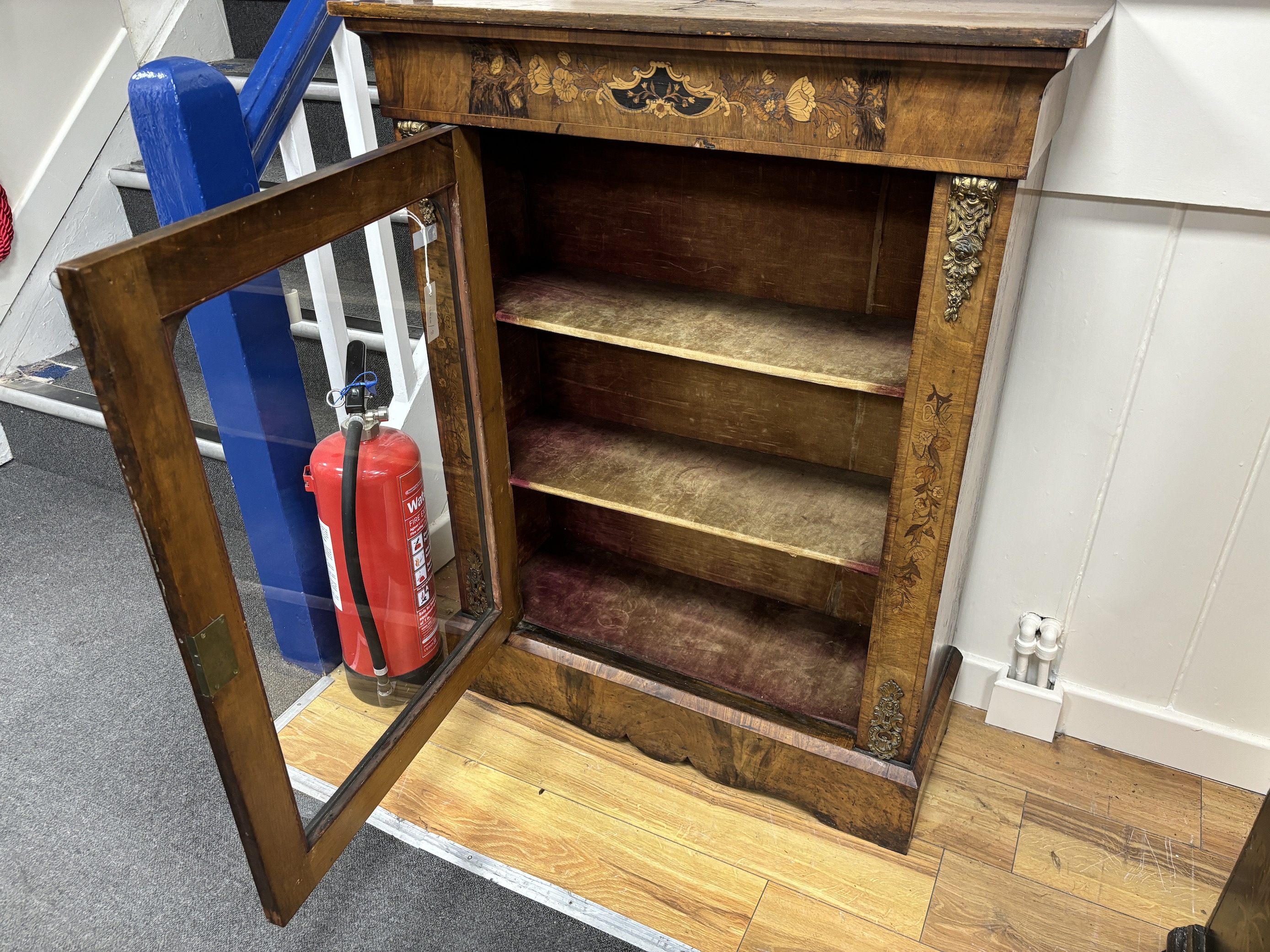 A Victorian gilt metal mounted marquetry inlaid walnut pier cabinet, width 82cm, depth 33cm, height 106cm